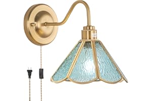 Shenmoyl Vintage Wall Sconce, Wall Mounted Lamps with Blue Morning Glory Sconce, Stained Glass Shade Brass Wall Lights Fixture with Plug in Cord and Switch for Bedroom Bathroom Living Room Hallway