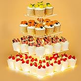 HENABLE 4 Tier Premium Cupcake Stand Cupcake Holder, Acrylic Cupcake Tower with LED Yellow Light for Cupcakes, Dessert Table Display Set for Birthday, Bar, Decor Weddings, Parties Events