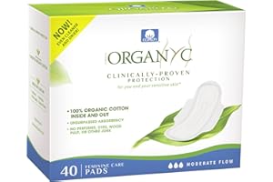 Organyc - 100% Certified Organic Cotton Inside and Out Feminine Pads, Sanitary Napkin 40 Count, Moderate Flow, Regular Absorbency, New Larger Size Packaging
