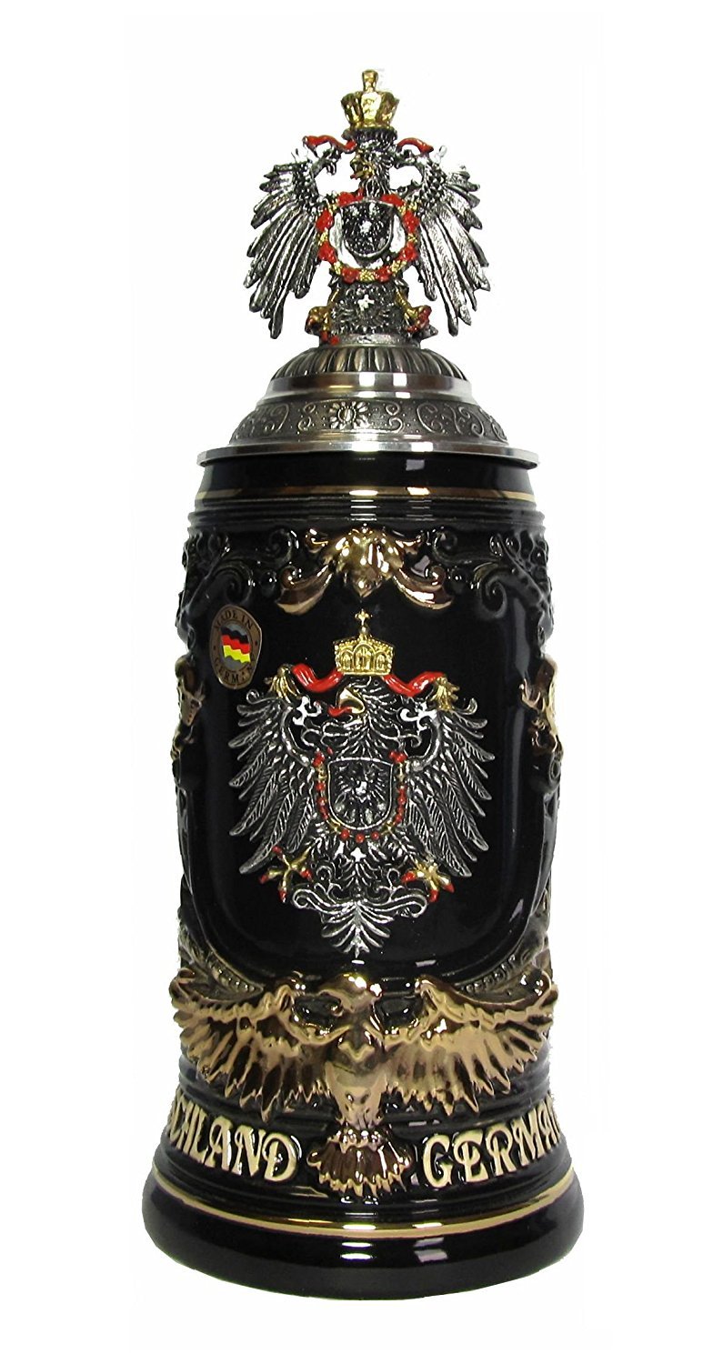 King German Beer Stein Deutschland Shield Stein, Goldeaglehandle 0.6 Liter tankard, Beer Mug