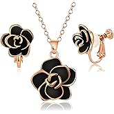 Dainty Rose Flower Pendant Necklace Clip On Earrings Set for Women 14K Gold Plated Hypoallergenic Jewelry Sets