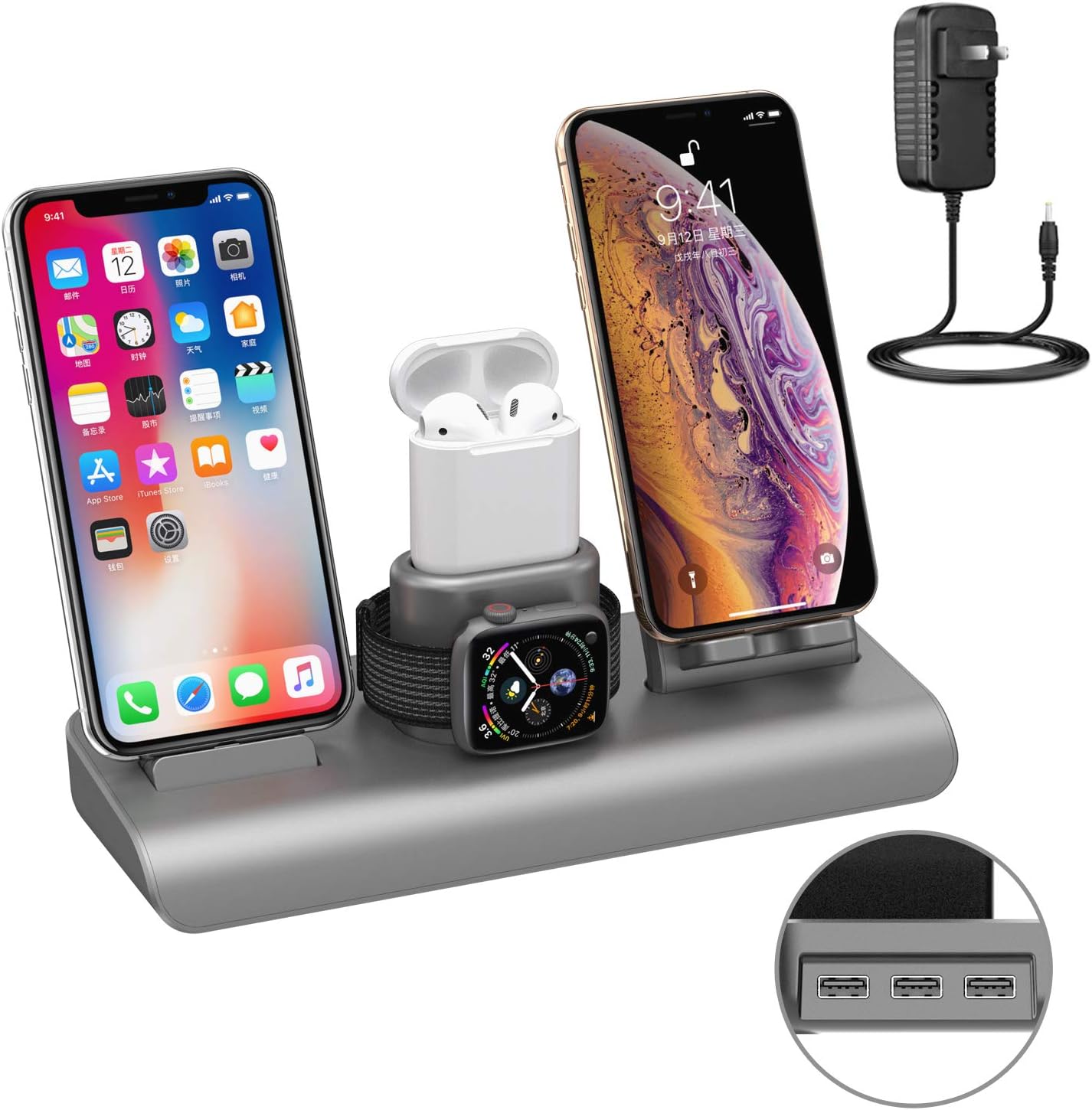 Wireless Charger Station Pad for iPhone,Apple Watch Charging Stand with iPhone Wireless Charger Stand Airpods Charging Dock Stand for iPhone X XS XR 8 Plus (Gray)