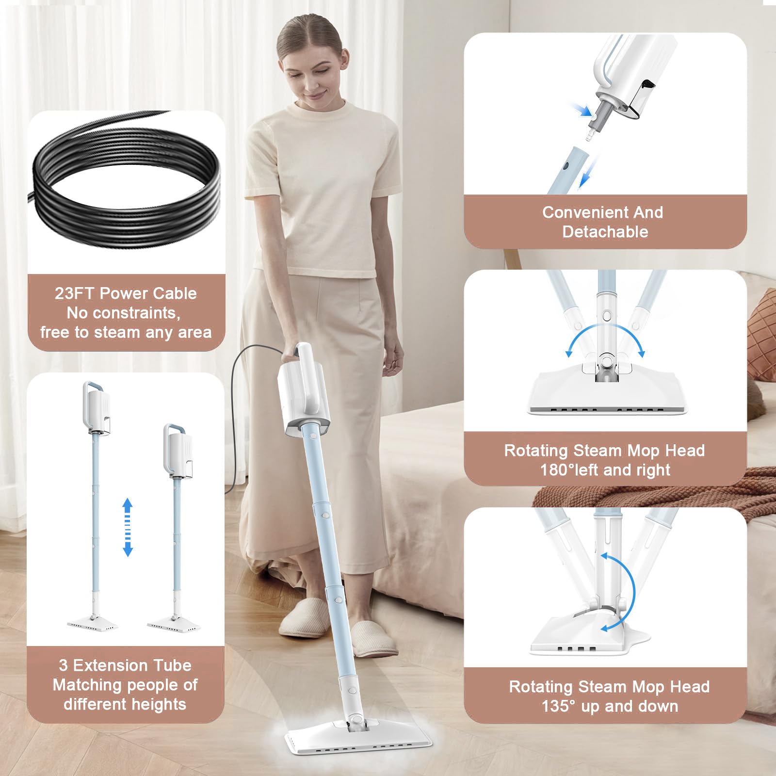 Condition photo showing New/Like New for steam cleaner, 6 in1 rotated steam mop cleaner with 2 modes, 2 microfiber pads, 400ml removable tank