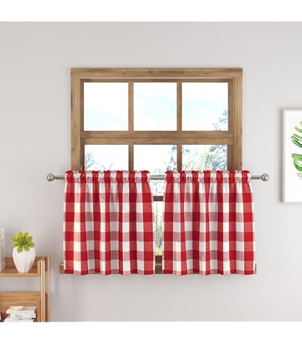 Cantonnière De Fenêtre à Carreaux Rouge Et Blanc 140x38cm - Polyester - Pour Cuisine, Salle De Bain