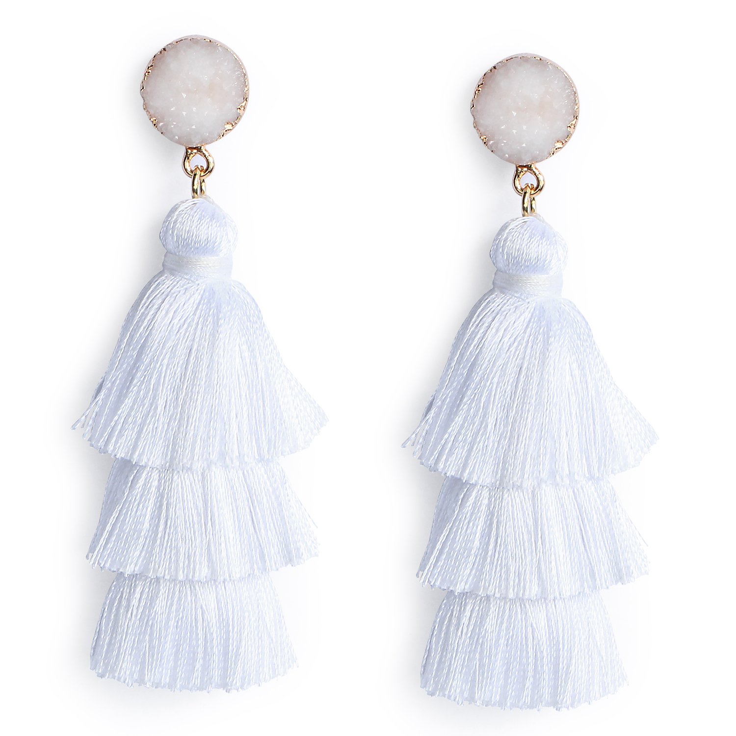 Me&Hz White Summer Tassel Earrings Dangle Drop for Women Girls Handmade Tiered Fringe Big White Earrings Stud Boho Beach Outfit Jewelry Birthday Valentines Mothers Gift
