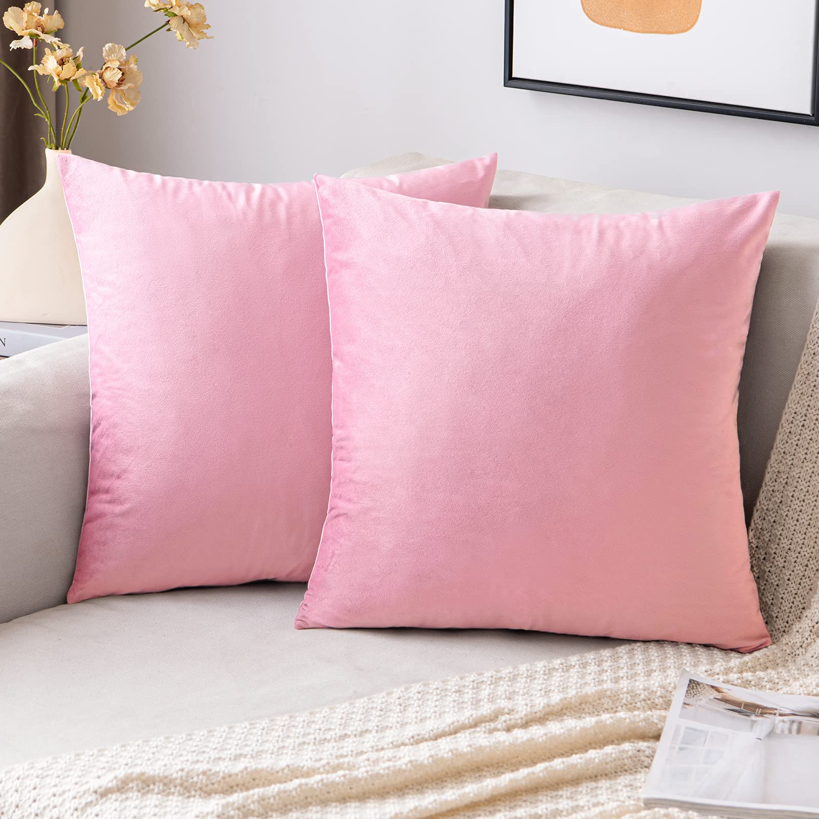 EMEMA Velvet Cushion Cover 45 x 45 cm, Decorative Cushion Cover Sakura Pink Sofa Cushion Lumbar Cushion Throw Cushion Cover with Hidden Zip Bedroom Sofa Set of 2