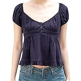 Women Fairy Crop Top Summer Teen Girl Vintage Short Sleeve Ruffle Hem Going Out Babydoll Top Y2k Shirt