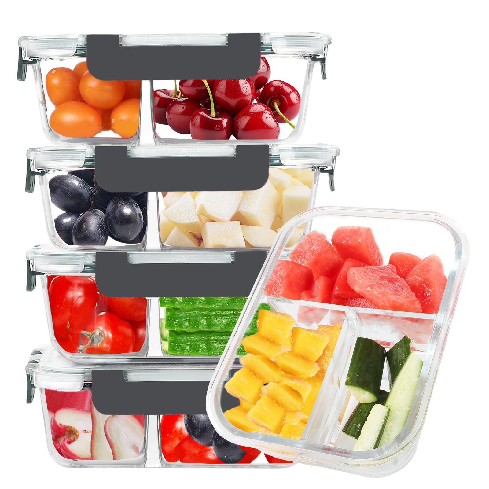 Photo 1 of ***PARTIAL SET, missing one lid  - PRICE ADJUSTED*** BAYZZ 5 Pack 35 Oz Glass Meal Prep Containers 3 Compartments, Glass Food Storage Containers, Lunch Bento Box with Airtight Lids, Microwave, Freezer & Dishwasher Safe