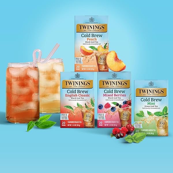 TWININGS COLD BREWED ICED TEA – MINT FLAVORED GREEN TEA WITH PEPPERMINT LEAVES, CAFFEINATED GREEN AND BLACK TEA EXTRACTS, UNSWEETENED COLD BREW TEA BAGS INDIVIDUALLY WRAPPED, 20 COUNT