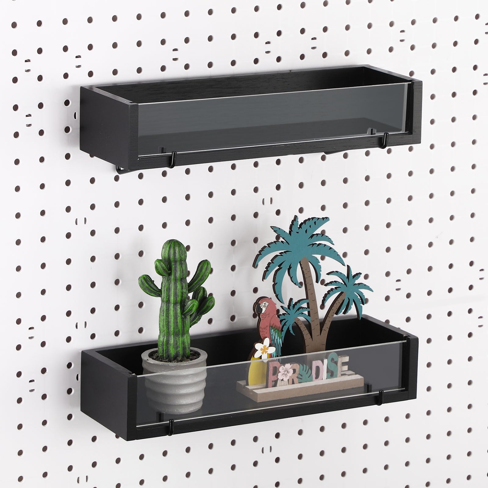 Photo 1 of Marsui 2 Pcs Pegboard Shelf Wood with Acrylic 12.2 x 3.94 Inch Display Shelves Brackets with Metal Hooks Heavy Duty Pegboard Accessories for Storage and Organization(Black)