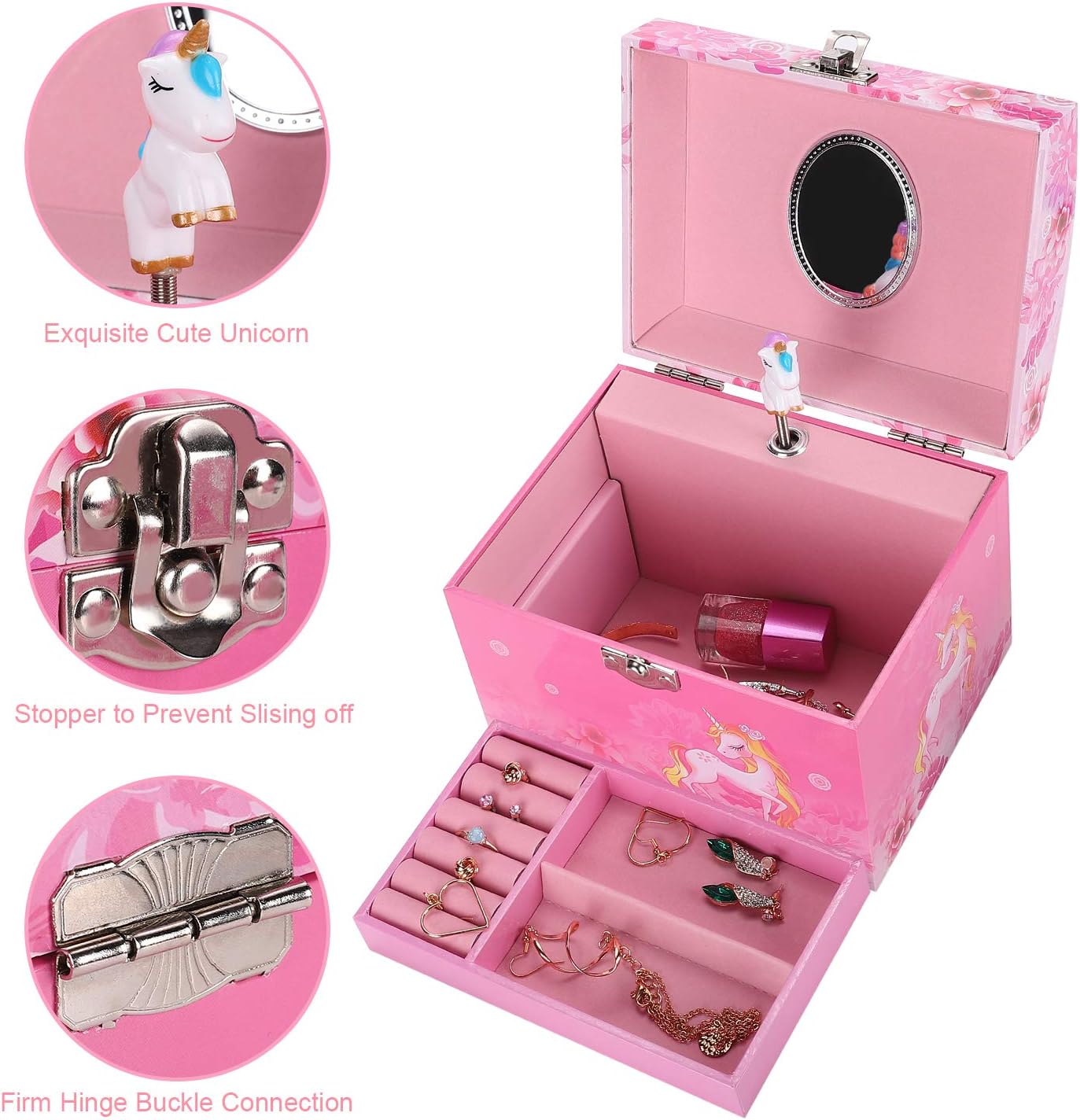 TAOPU Girls' Musical Jewelry box with pearl handle and Cute Spinning Unicorn Music Box Jewel Storage Case for Girls Gift - Image 3