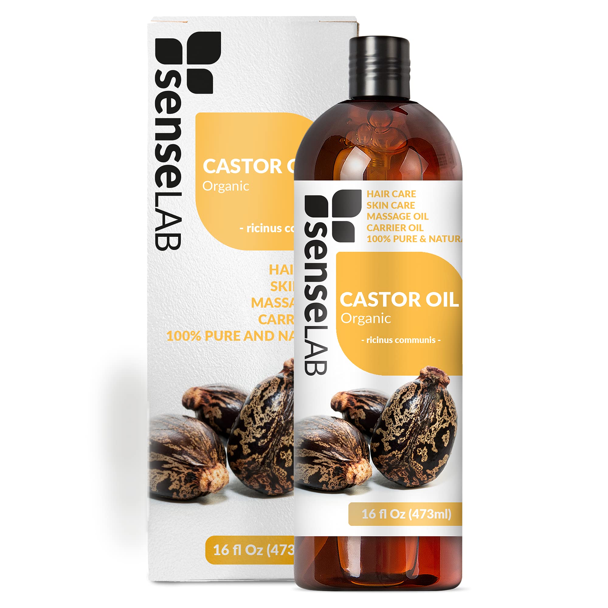 SenseLAB Organic Castor Oil - 100% Pure Extract Castor Cold Pressed Carrier Oil Therapeutic Grade - Hair, Eyebrows and Eyelashes Care - Moisturizing Oil (473 ml)