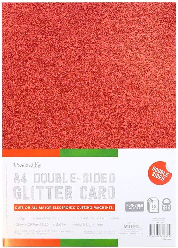 Dovecraft A4 Double-Sided Glitter Card Red, Green & White, 350GSM