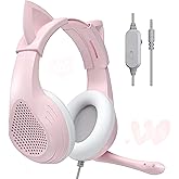 SENLOO Pink Cat Ears Gaming Headset - Over Ear Wired Stereo Sound Headphones with Noise Cancelling Mic, Comfortable Earpads - Compatible with PS5, PS4, Xbox One, PC, Mac, Laptop & Gaming Consoles