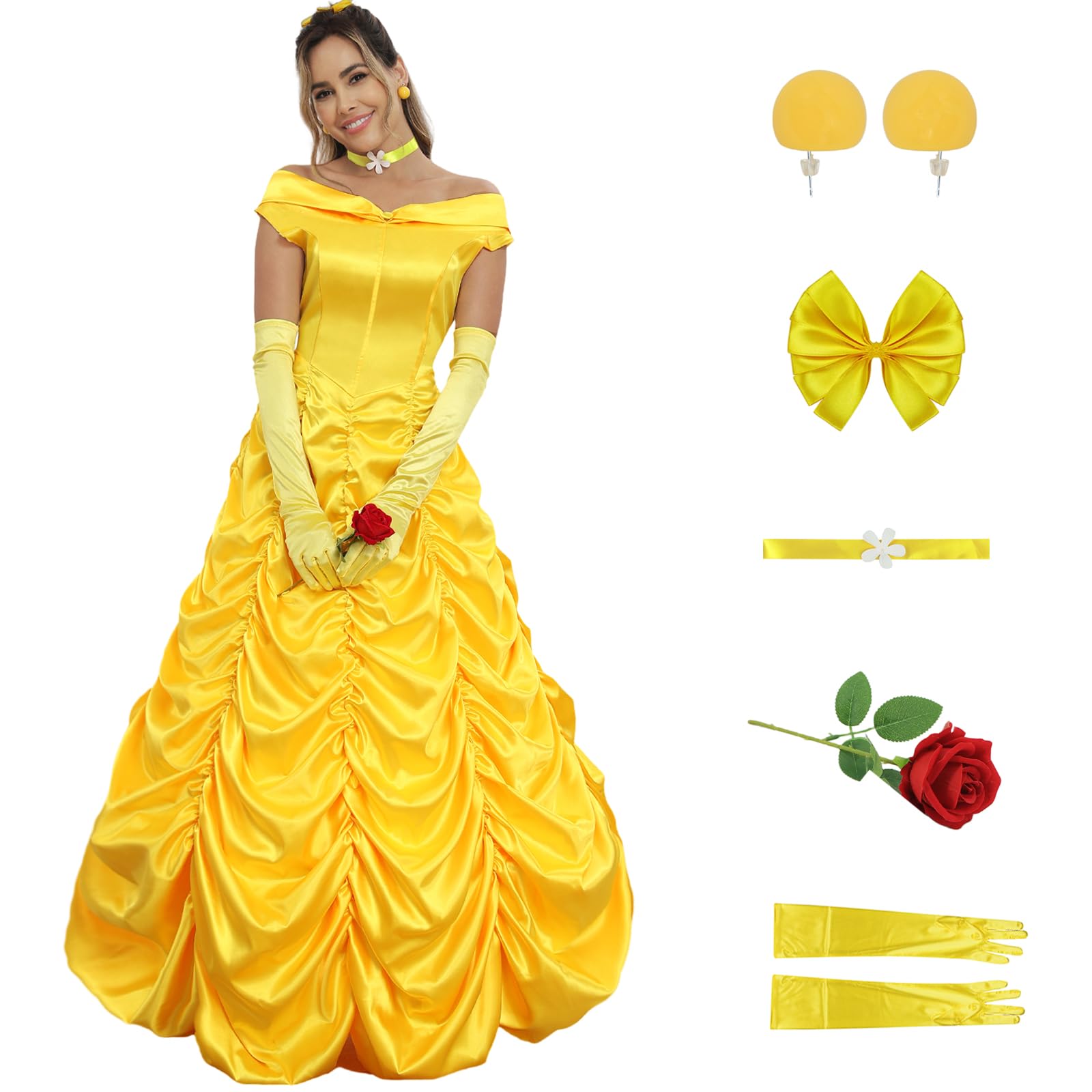 Photo 1 of Poboola Belle Costume Women Adult Princess Costumes Halloween Cosplay Party Yellow Dress Long Dress Gown Beauty Outfit XL