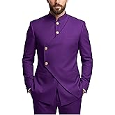 Wangyue Chinese Suit Men 2 Piece Slim Fit Safari Suits for Men Mandarin Collar Suit Chinese Tunic Suits Blazer Pants Set