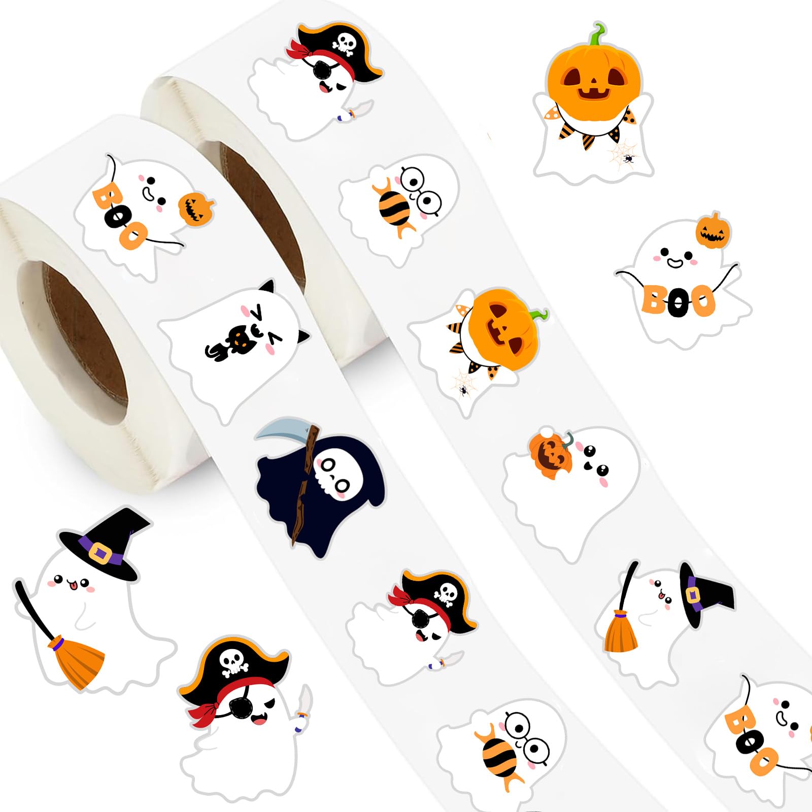 Photo 1 of 1000Pcs Halloween Stickers Roll Self-Adhesive Cute Ghost, Boo Designs for Kids Party Favors - Bulk Scary Decorations with 8 Adhesive Stickers (2 Rolls)