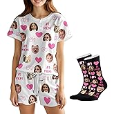 Artsadd Custom Short Pajamas Set With Photo, Women Personalized Lounge Set, Funny Face Printed Sleepwear, Soft Tracksuit Gift