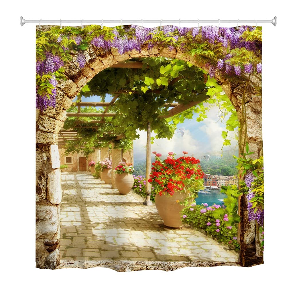 goodbath Garden Shower Curtain Outdoor, Leaves Flowers Floral Anti Mould Waterproof Bath Curtains for Bathroom Bathtub Outside Fence Wall Decor, 180 x 180 cm