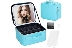 ZhenGuiRu Travel Makeup Bag with LED Mirror – Waterproof Cosmetic Train Case with Adjustable Dividers, Portable Makeup Organizer and Toiletry Bag for Women, Teens & Girls Gift, Blue