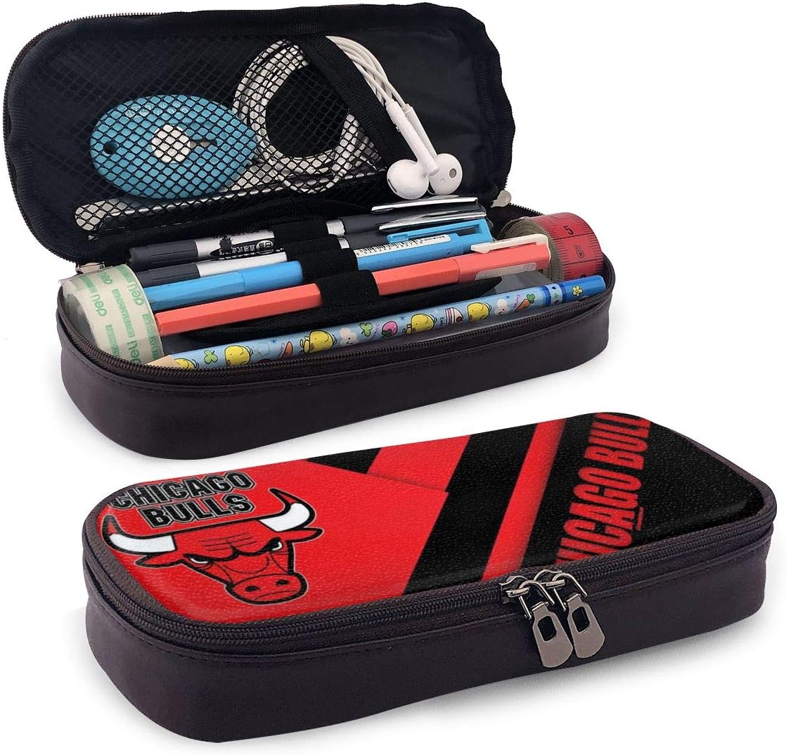 Pencil Case Chicago Basketball Bulls Pencil Bag Pu Leather Stationery Box Pen Pencil Marker Pencil Pouch with Double Zipper Pen Holder for School & Office - 8x3.5x1.5 Inches
