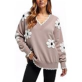 Cute Fall Flower Sweaters for Women, Casual Long Sleeve Pullover V Neck Lightweight Crochet Chunky Knit Pullover Jumper Tops