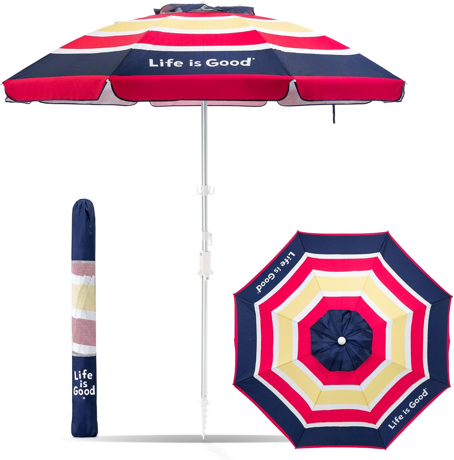 Life Is Good Beach Umbrella With Sand Anchor Towel Hook Tilt And Telescoping Pole Blue Pink Stripe Amazon Ca Patio Lawn Garden