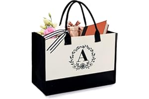 BeeGreen Monogram Initial Canvas Bag with Inner Zipper Pocket Embroidery Personalized Tote for Mom Teacher Friend