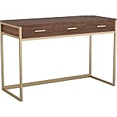 Martha Stewart Ollie Home Office Desk with 3 Drawers in Walnut Wood Grain with Polished Brass Hardware