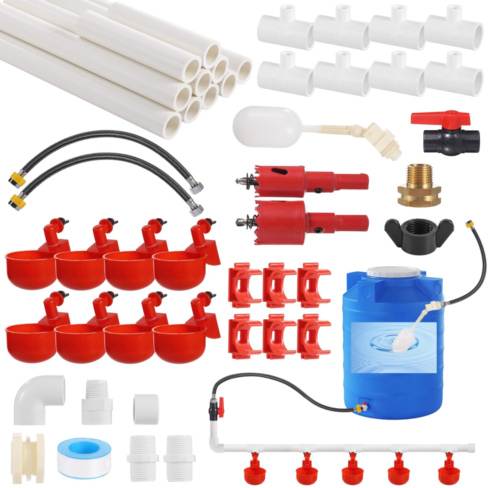 Photo 1 of Complete Poultry Watering Kit, Chicken Water Cup System with PVC Pipes, Hose, Float Valve & Fittings, Easy Assembly for Poultry Drinkers