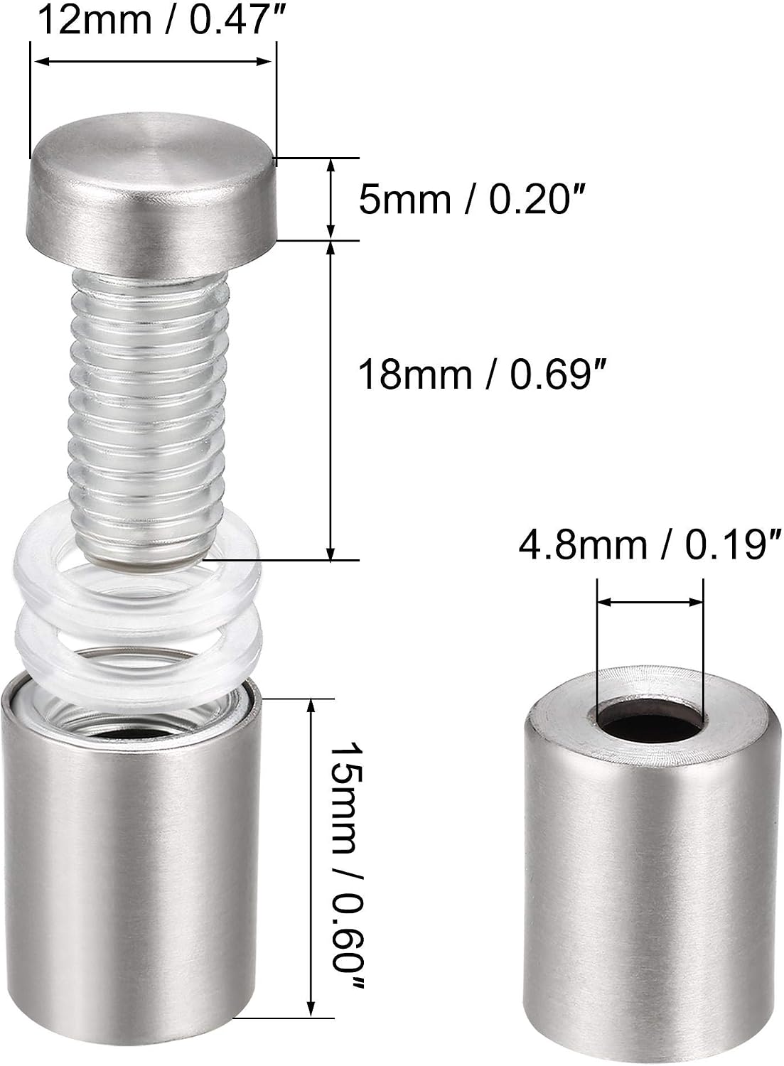 sourcing map 1/2 Dia x 1"(12x24mm) Standoff Screws Wall Mount Sign Holders Acrylic Glass Nails 6pcs, Silver Tone - Image 3