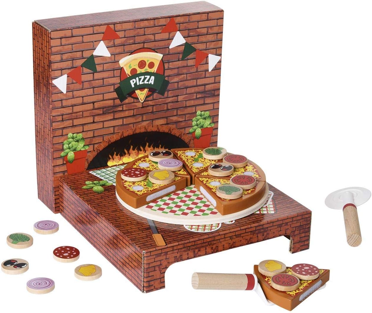 Playtive Junior Wooden pizza play set with toppings hook and loop