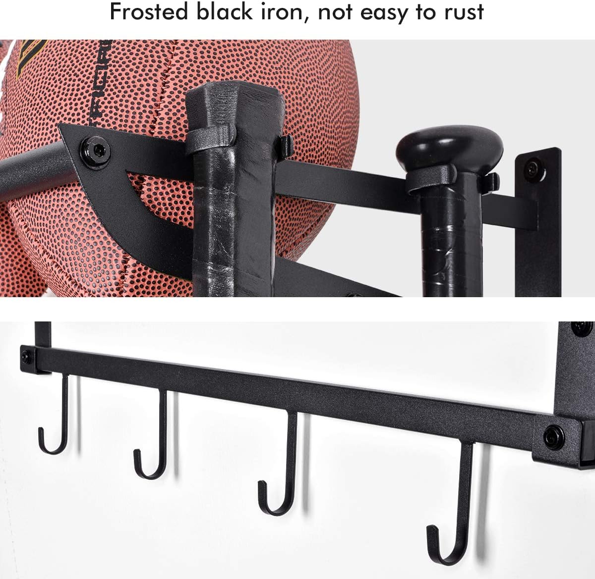 Sunix Sports Equipment Storage, Ball Storage Rack Basketball Holder Wall Mount Shelf with Hooks, 2 Racks, Black: Sports & Outdoors