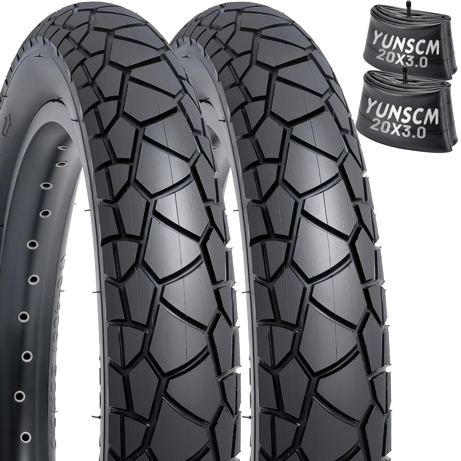 YunSCM 2Pcs Foldable 20 inch Bike Tyres 20x3.0 Tires 76-406 and 20 inch Inner Tubes AV32mm Valve Compatible with 20x3.0 E-Bikes, Road bikes, city bikes Bicycle Bike Tyre
