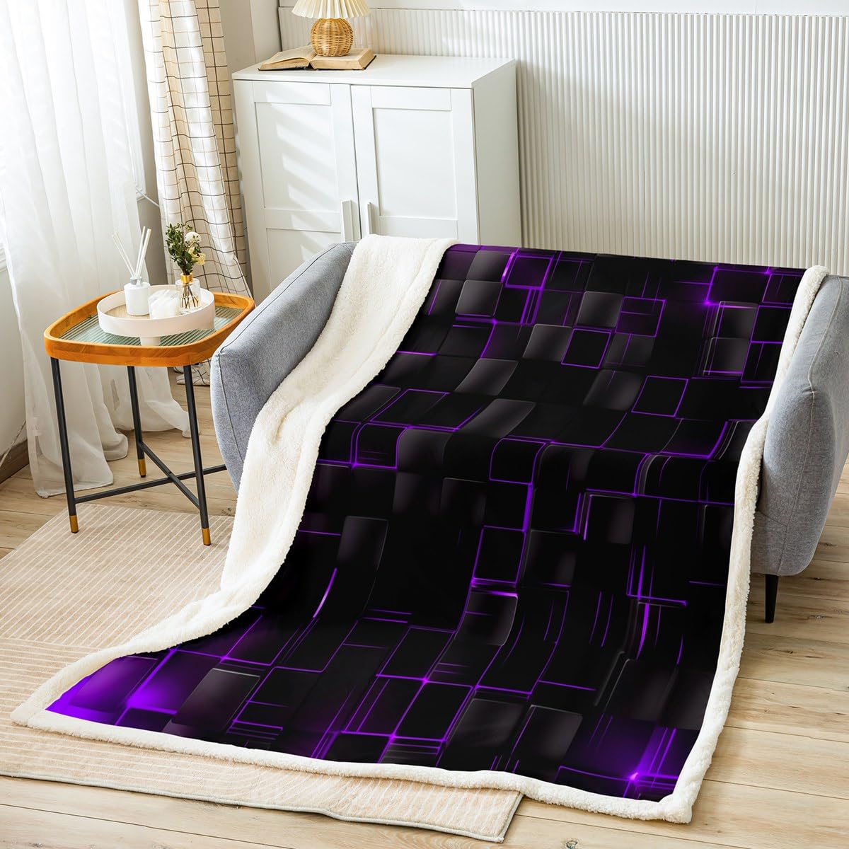 Manfei Geometric Throw Blanket Abstract Square Grid Print Bed Blanket for Kids Boys Girls Adults, Purple and Black Blanket for Couch Sofa, Soft and Breathable Fleece Blanket(50 x 60 Inches)