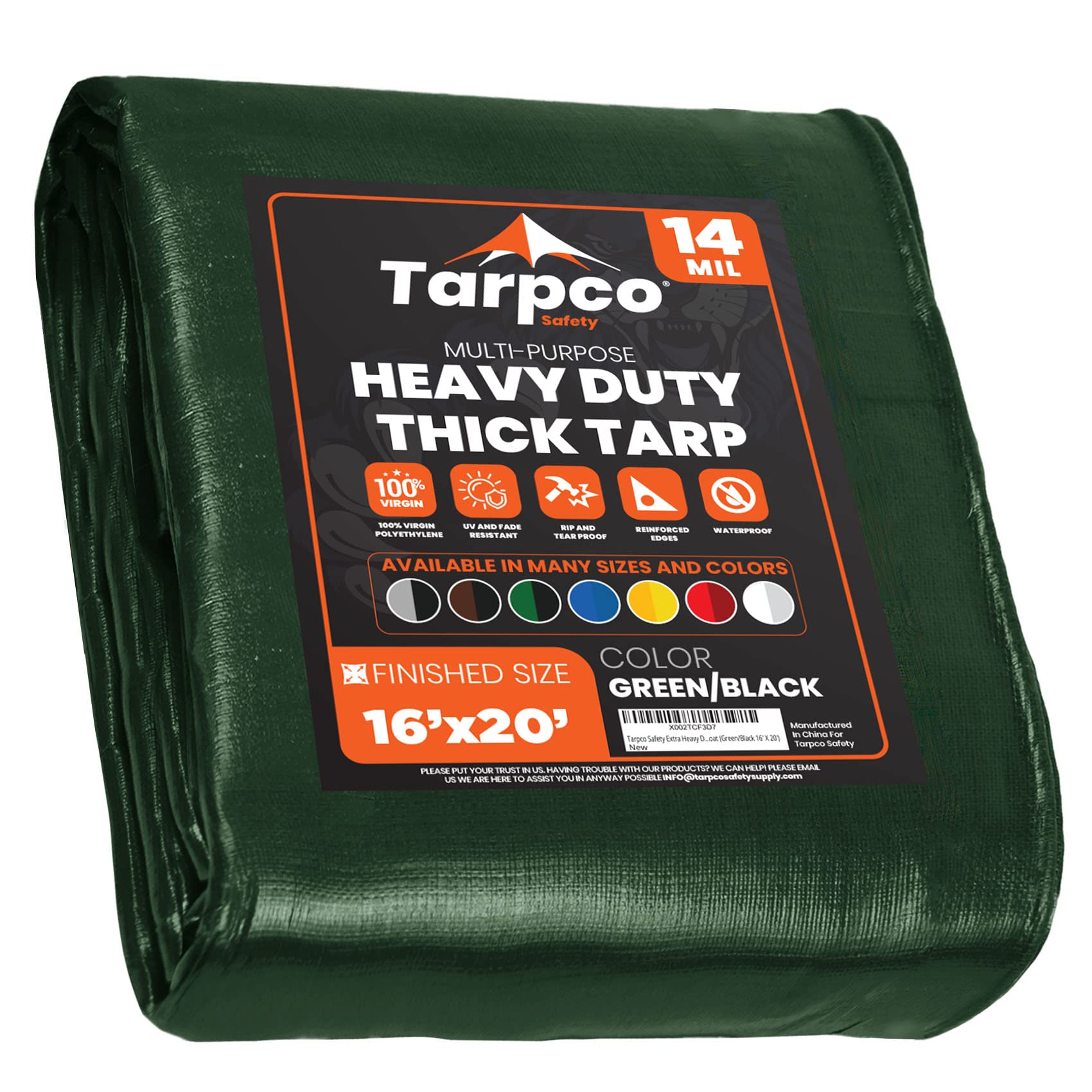 Tarpco Safety Extra Heavy Duty 14 Mil Tarp Cover, Waterproof, UV Resistant, Rip and Tear Proof, Poly Tarpaulin with Reinforced Edges for Roof, Camping, Patio, Pool, Boat (Green/Black 16′ X 20′) Image