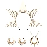COSUCOS 3 Pcs Goddess Costume Accessories Set, Renaissance Gold Sunburst Spiked Halo Crown with Earring Necklace, Renfaire Greek Goddess Headpiece for Women Cospaly Halloween Party