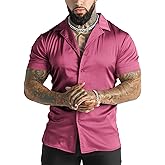 URRU Men's Luxury Shiny Silk Like Satin Dress Shirt Cuban Collar Short Sleeve Casual Slim Fit Muscle Button Up Shirts