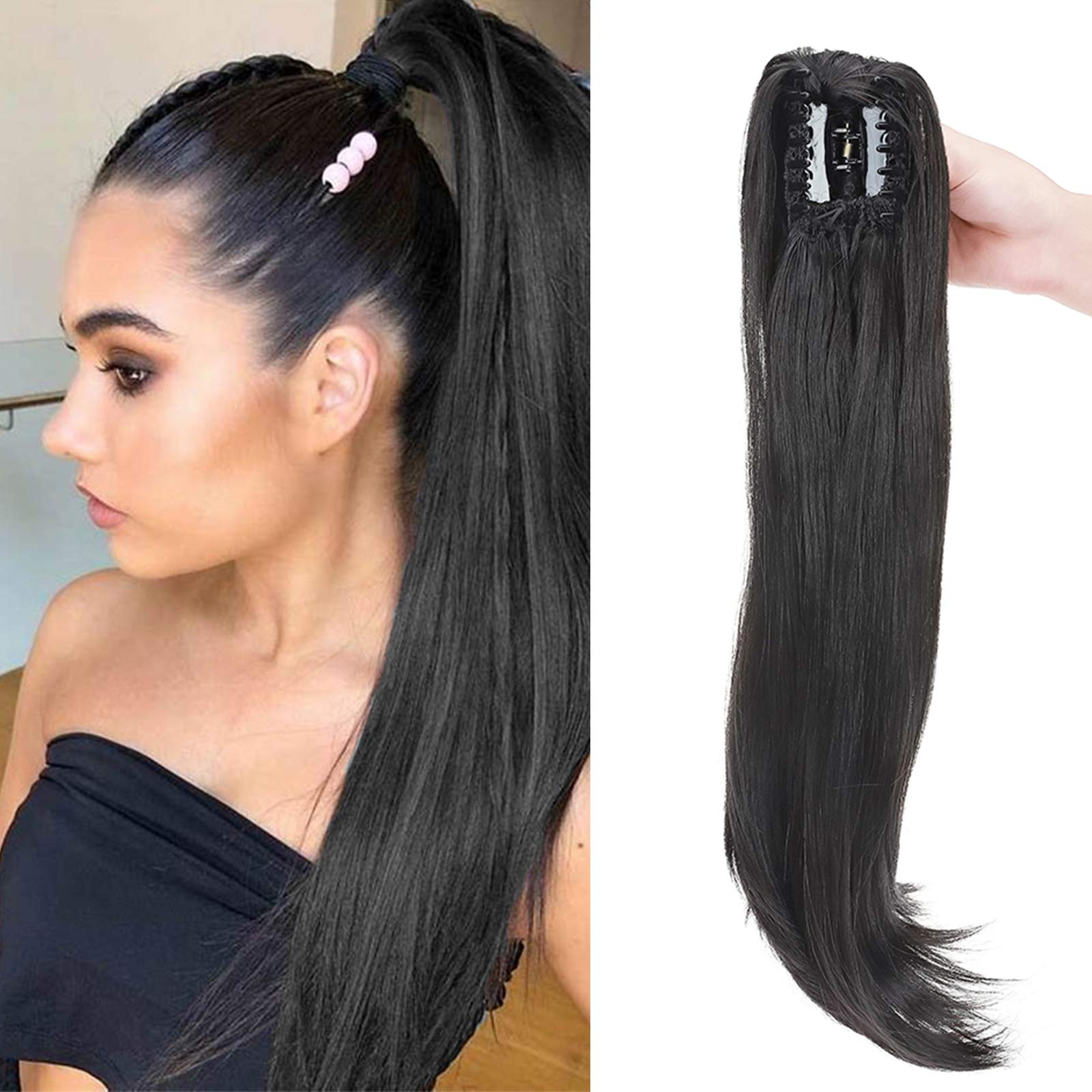 22inch Long Curly Ponytail Extension Jaw Claw on Pony Tail Clip In Hair Extensions Wavy Hairpiece #Natural Black