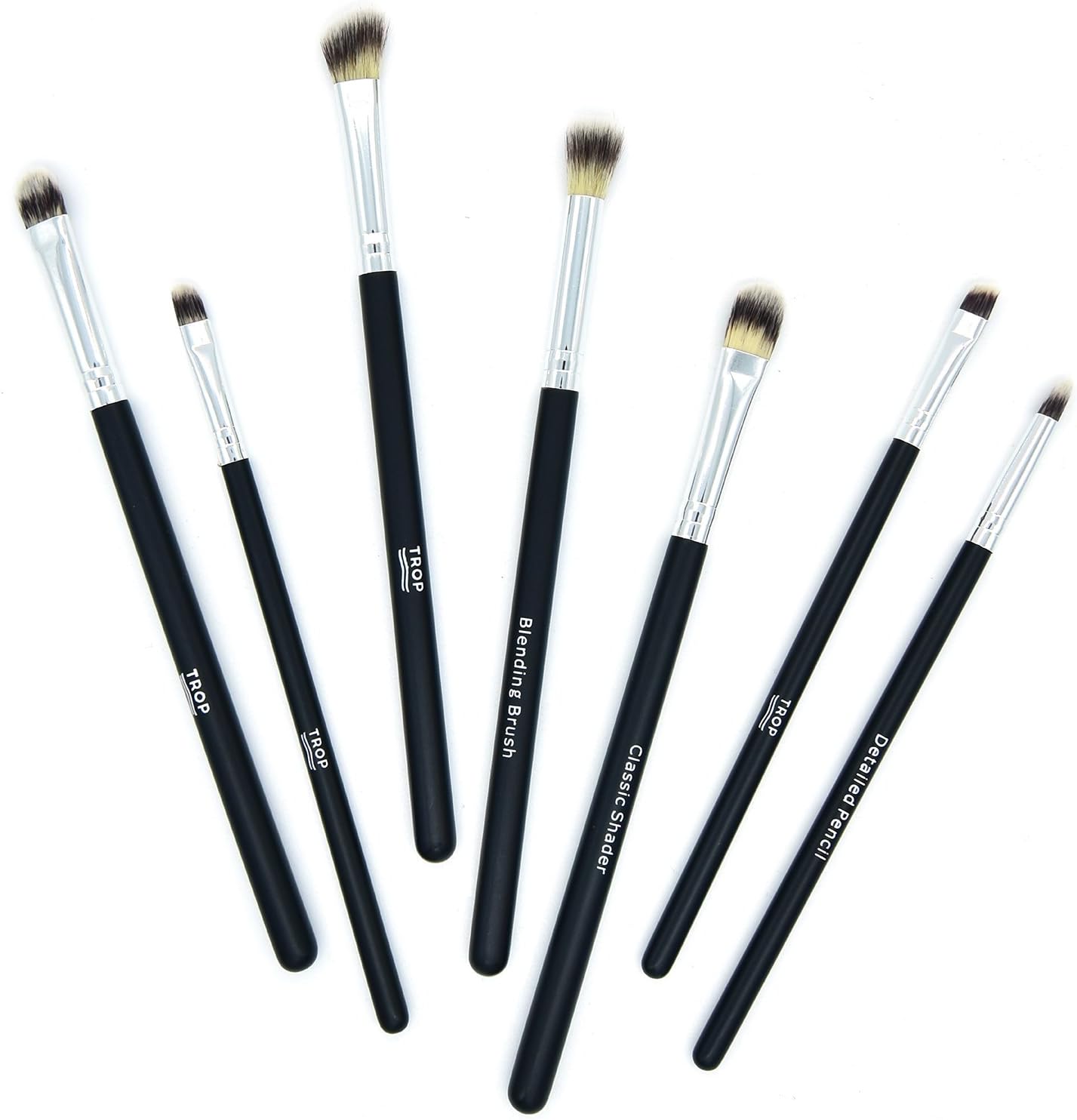 Trop 7-piece eye shadow brush set with extra soft, vegan brush bristles: blending brush, angled brush, classic brush, small brush, detailed pencil brush, angled detail brush, precise brush