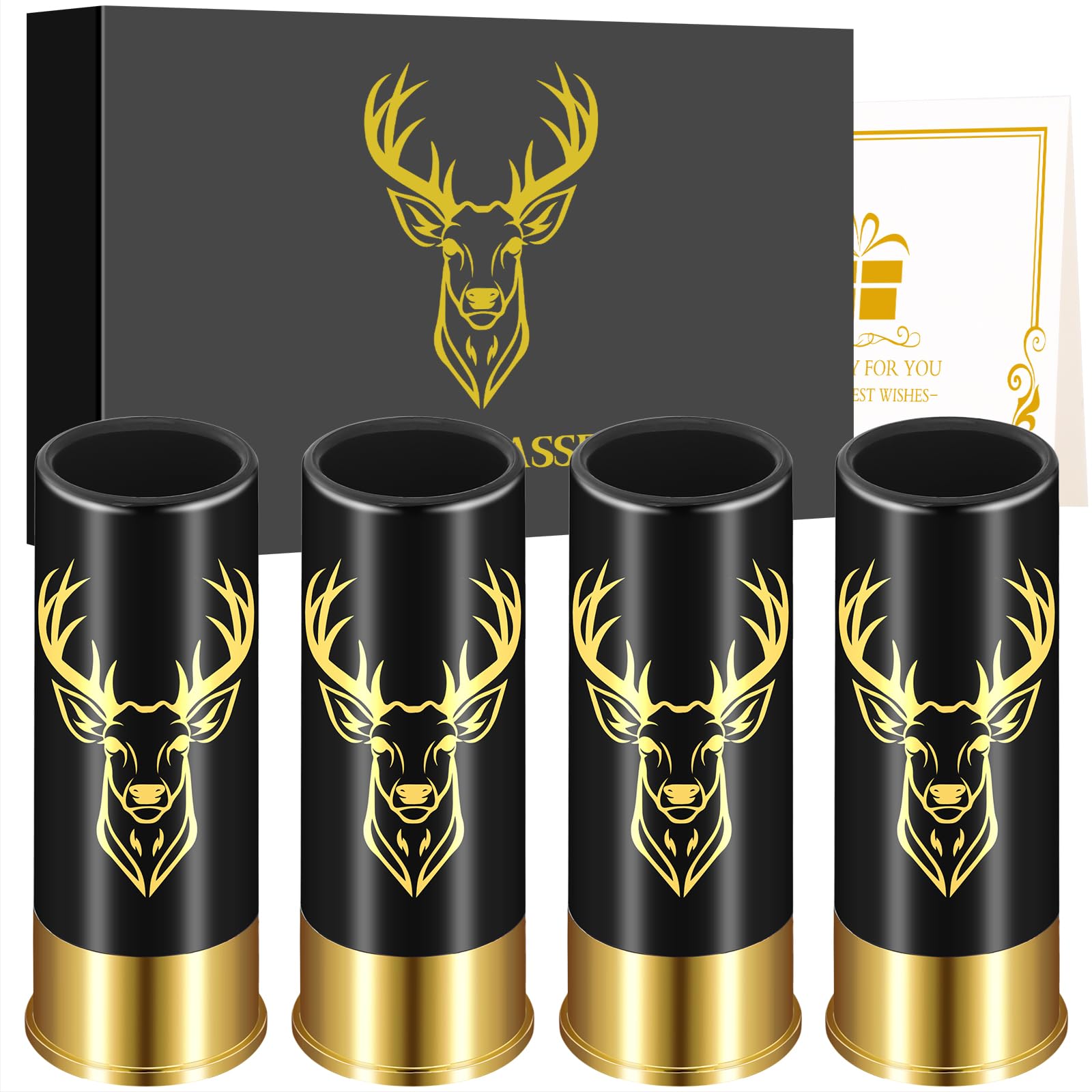 Deer Head Plastic Shot Glasses, Set of 4 with Gift Box, 12GA Stag Hunting Gifts, Novelty Shot Glasses for Men Women Wedding Party Gifts, Small Bullet Shot Cups for Whiskey Vodka Liquor, Black