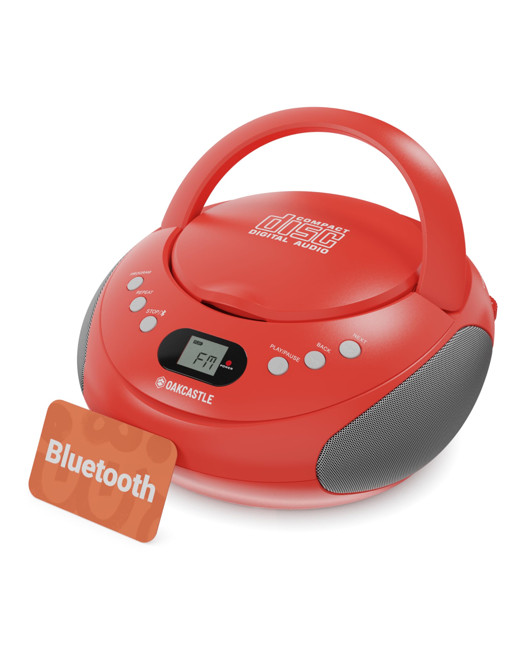 Portable Bluetooth CD Boombox with FM radio | CD, CD-R, CD-RW | 30 Presets | Easy Controls, LED Display, Headphone Jack | OAKCASTLE CD250 (Red)