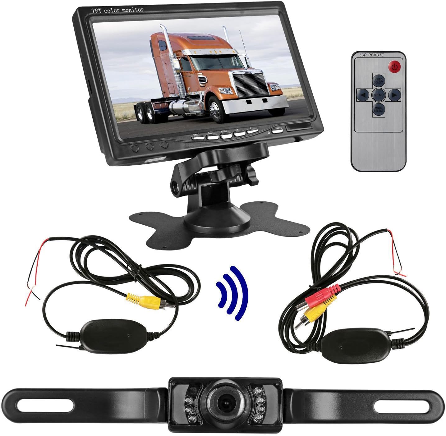 ZSMJ RC 9V-24V Wireless Rear View Backup Camera and 7" TFT LED mirror Monitor Kit for Car / Vehicle / Truck / Van / Caravan / Trailers / Camper,Waterproof, Night Vision, Distance Scale Lines
