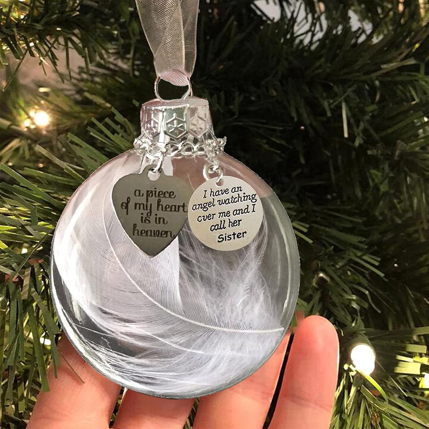 Ornaments - Clear Christmas Memorial Ornament Feather Ball, A Piece of My Heart is in Heaven, Christmas Tree Memorial Hanging Pendant Gift for Mom, Dad, Son, Daughter,Sister, Brother, Grandma, Grandpa 2.4''/60 mm