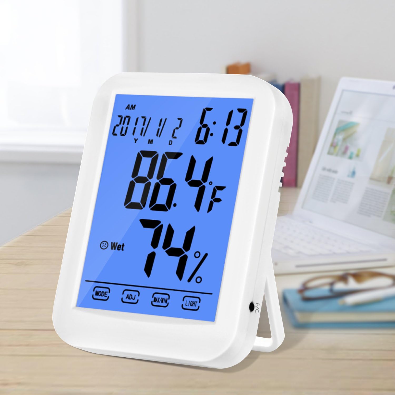 Ougrand Hygrometer Thermometer, Multifunctional Temperature Humidity Meter, Indoor Humidity Gauge with Alarm Clock, Jumbo Touchscreen with Blue Backlight, (Battery Not Included)