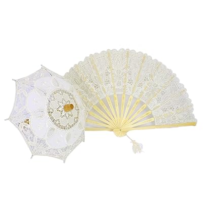 Monrocco Embroidered Lace Umbrella Parasol Umbrella with Lace Folding Hand Fan for Dancing Cosplay Wedding Home Decoration