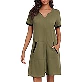 Ekouaer Women Zipper Robe Waffle Short Sleeve Bathrobes Lightweight Knee Length Housecoat with Pockets S-3XL