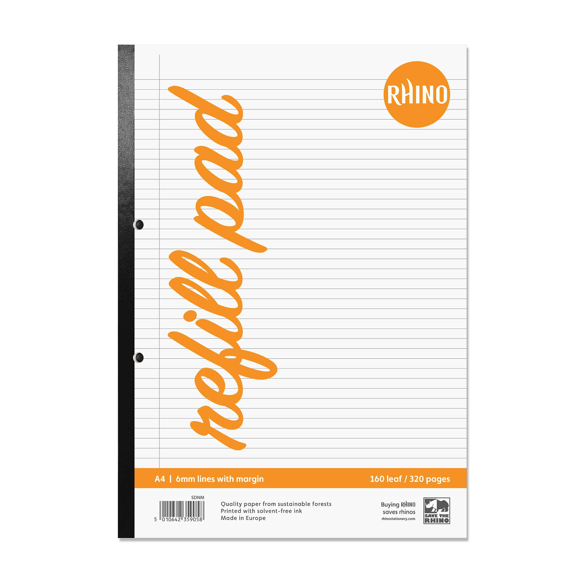 RHINO A4 Refill Pad, Writing Pad, 320-Page / 6mm Lined with Margin, 1-Pack, White Hole Punched Side Binding Writing Paper, Office & School Stationery Supplies