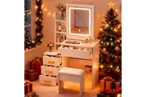 SAMFANSAR Vanity Desk with Mirror and Lights,Makeup Vanity with Extra Hidden Stroage,Makeup Desk with 4 Drawers 7 Open Shelves,Dressing Table for Bedroom,3 Color Light Modes,Small Vanity Desk（US Fast Arrival）