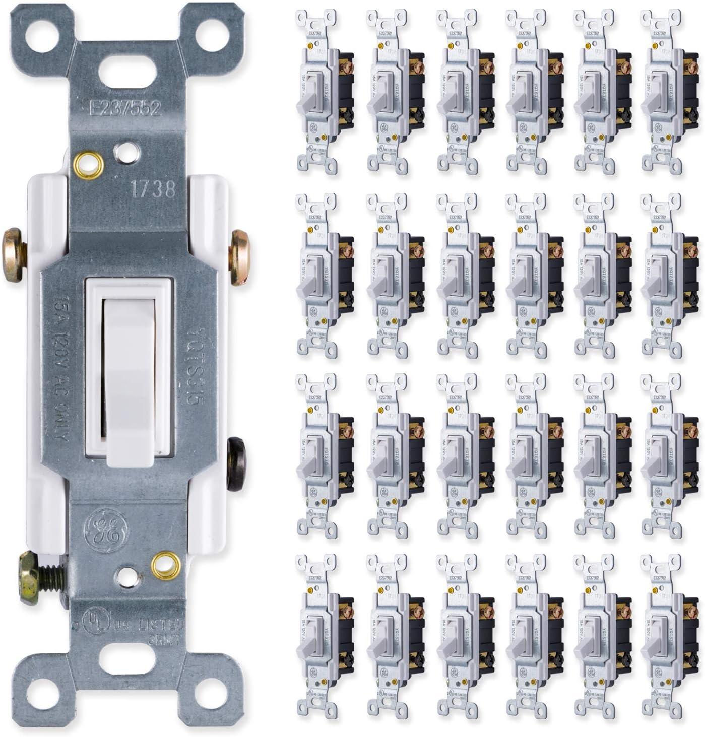 GE, White, Grounding Toggle 25 Pack, 3-Way, In Wall On/Off Fan & Light Replacement, 15 Amp, for Home, Office & Kitchen, UL Listed, 44031 Light switches